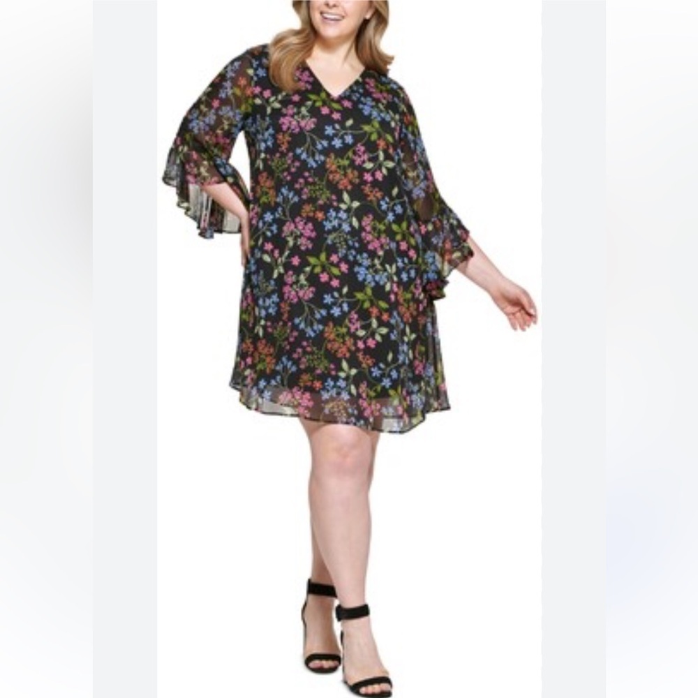 Calvin Klein Black Floral Print Chiffon Bell Sleeve Trapeze Dress size 8
